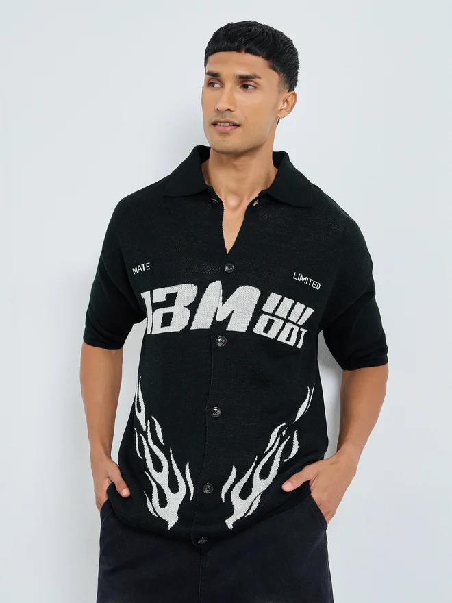 ستايلي Men Black Knit Graphic Print Shirt